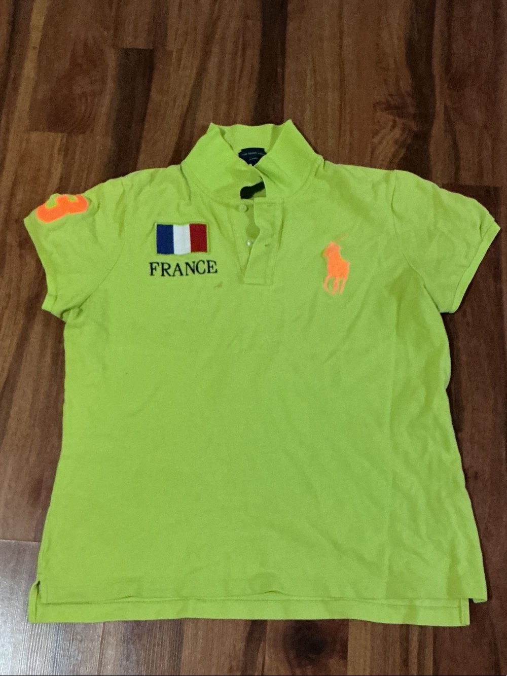 Ralph Lauren Neon Green Polo France Patch Orange Logo women used Xl